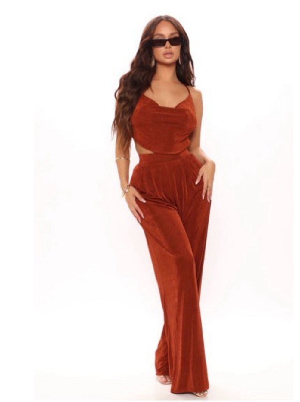 Fashion Nova Rust Wide-Leg Jumpsuit with Cutout Set (3 pieces)